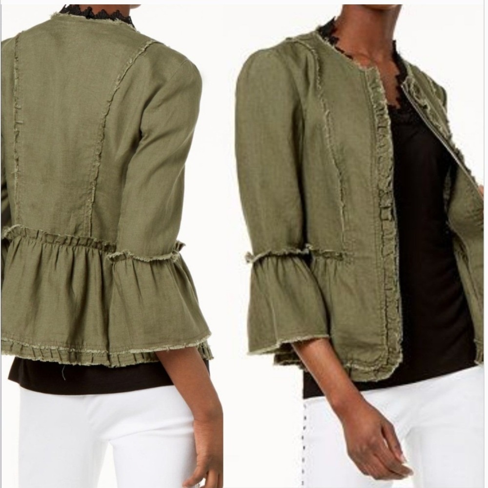 INC Olive Green Linen Jacket Size L Peplum Hem Lagenlook Coastal Minimalist